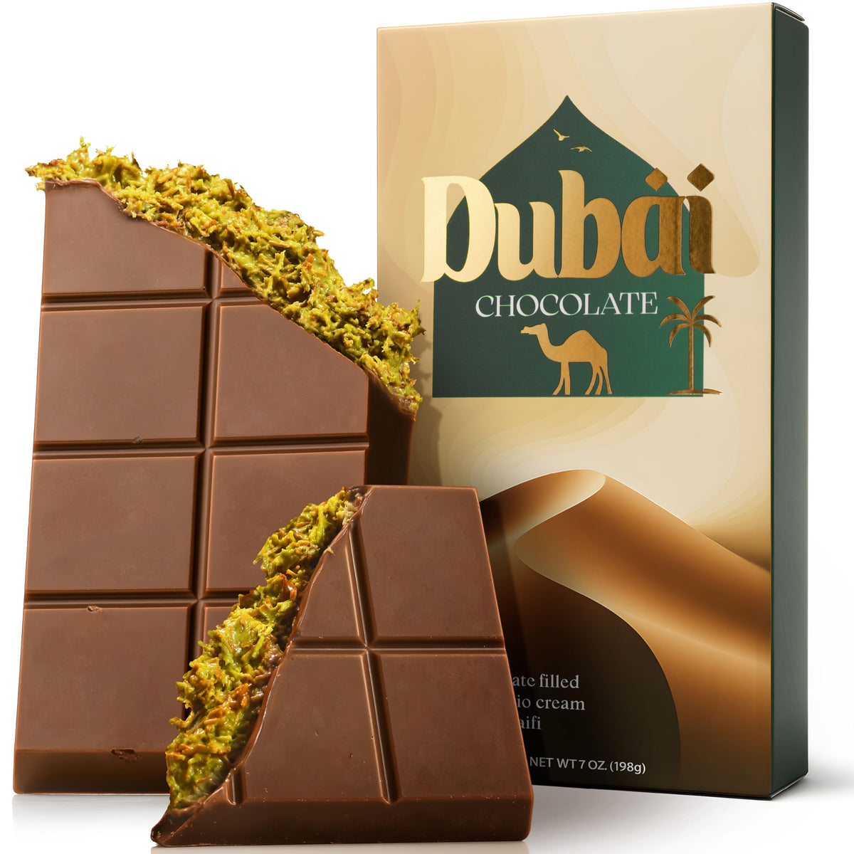 Zestix Dubai Pistachio Deluxe bar shell — creamy milk chocolate for a luxurious bite