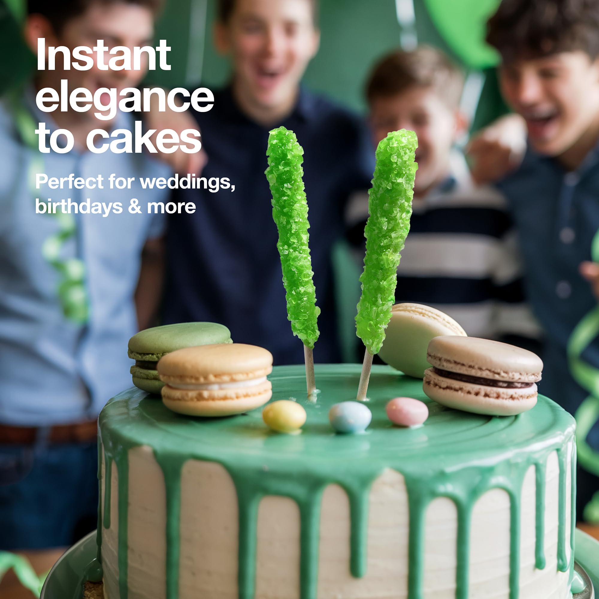 Zestix green-apple flavored crystals on sticks perfect for cake toppers.