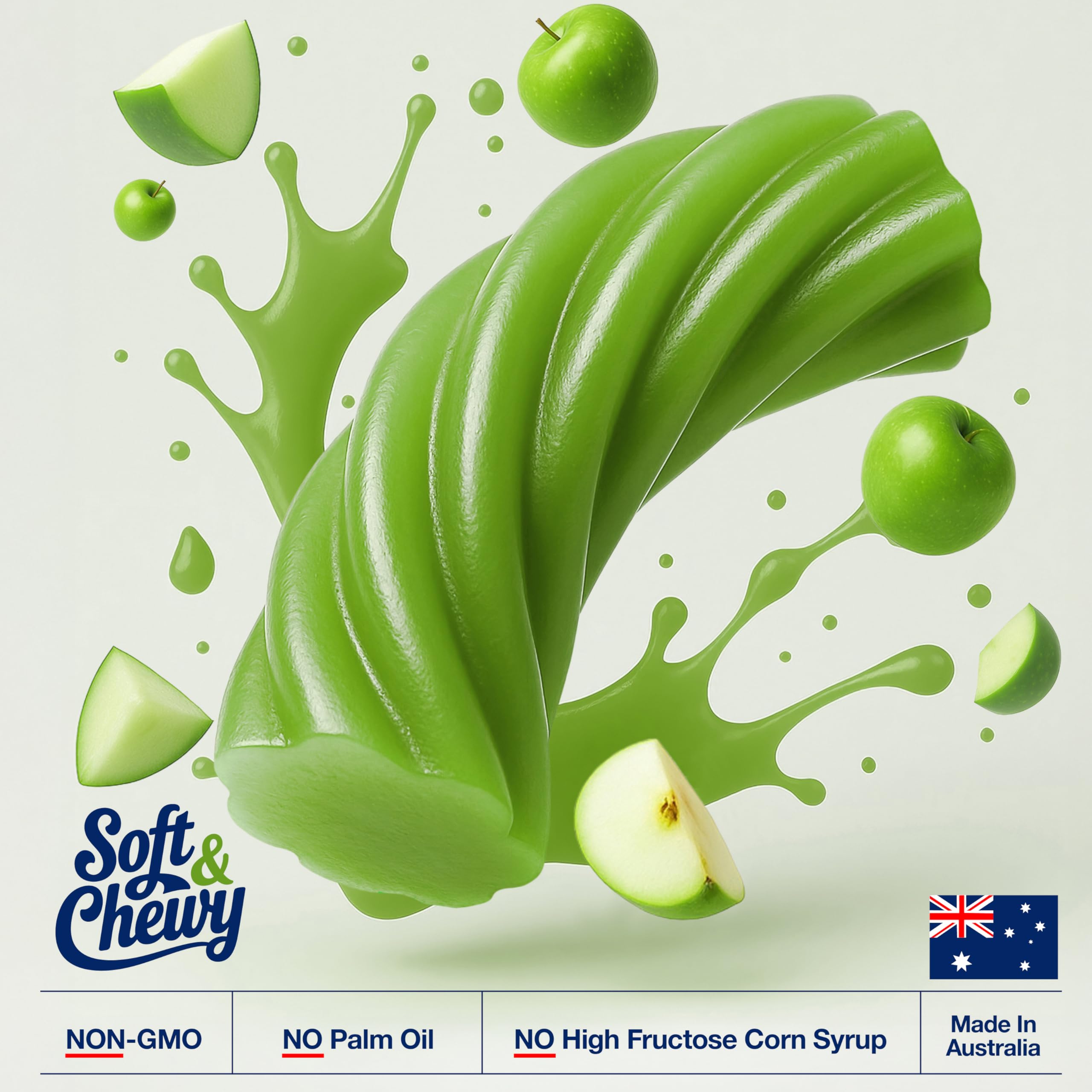Zestix green apple licorice close-up emphasizes vibrant color and chew quality.