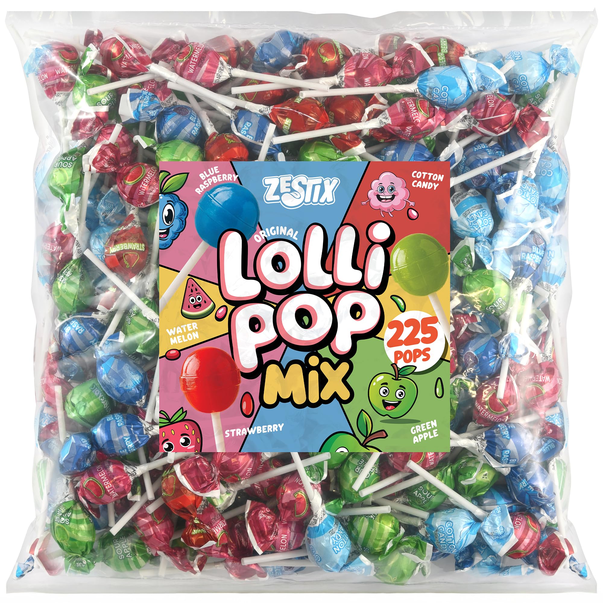 Zestix Lollipops bulk pack with 225 individually wrapped pops for parties and classrooms