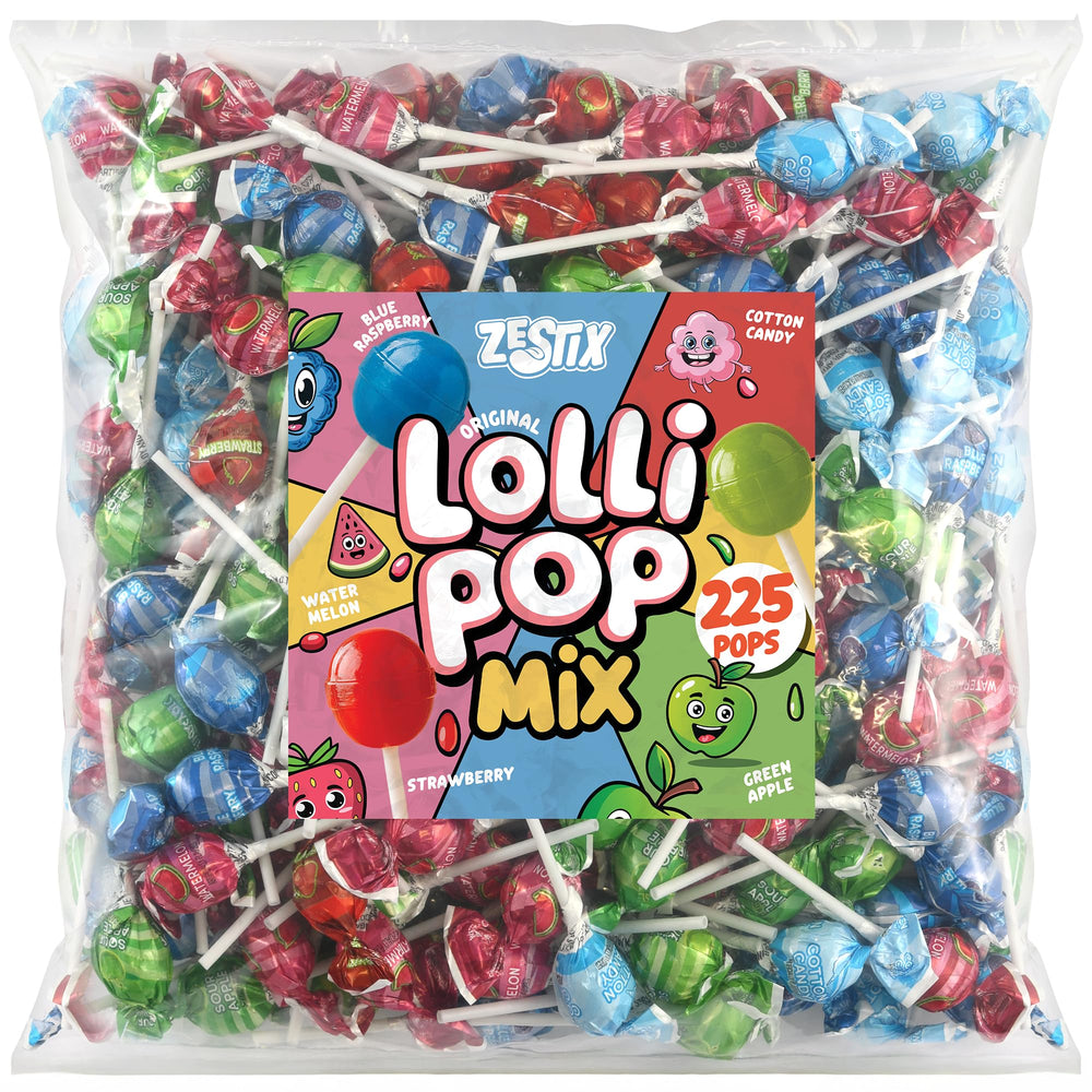 Zestix Lollipops bulk pack with 225 individually wrapped pops for parties and classrooms