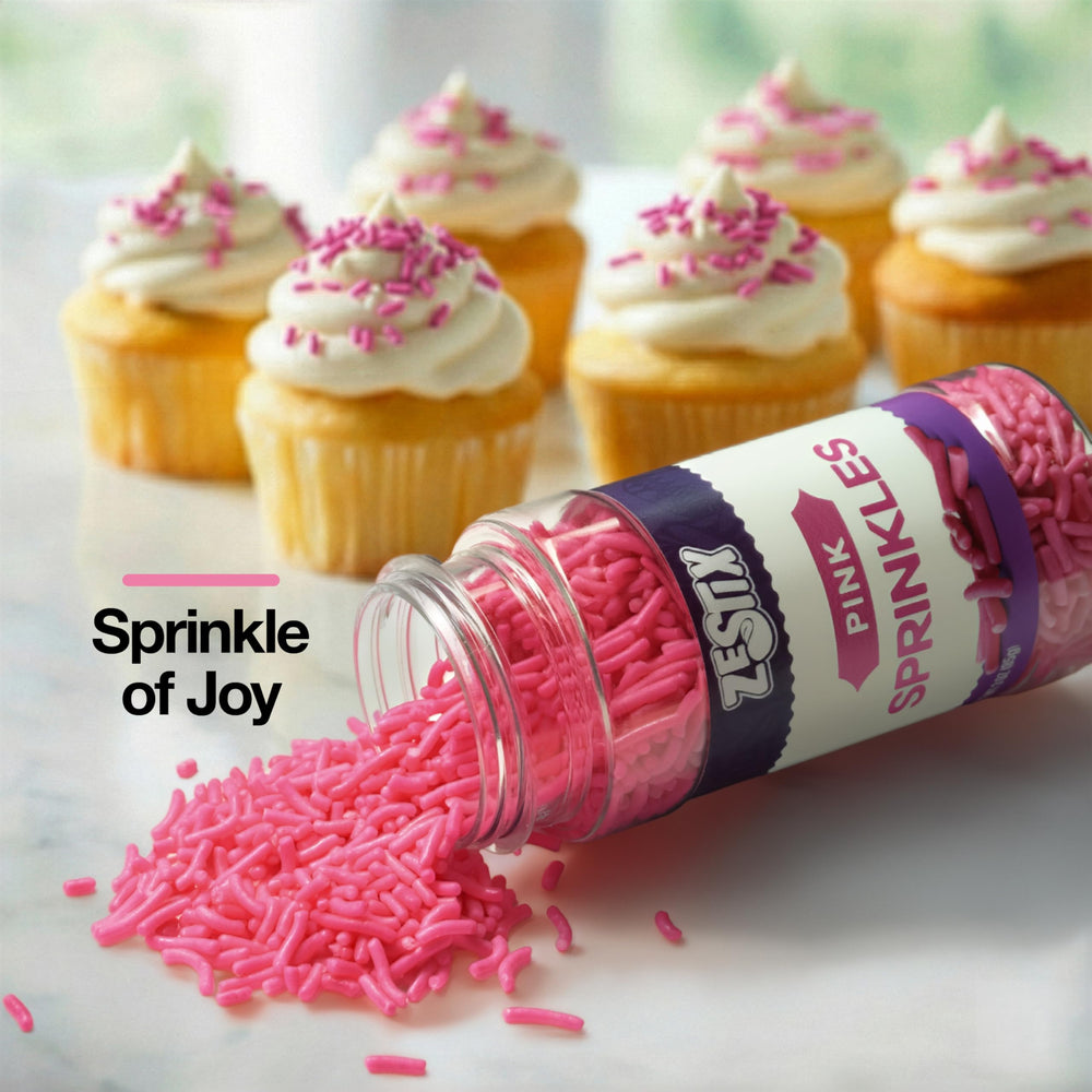 Zestix Pink Sprinkles on cupcakes adds festive color and texture.