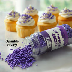 Zestix Purple Sprinkles cupcake tops highlight vibrant color for eye-catching desserts.