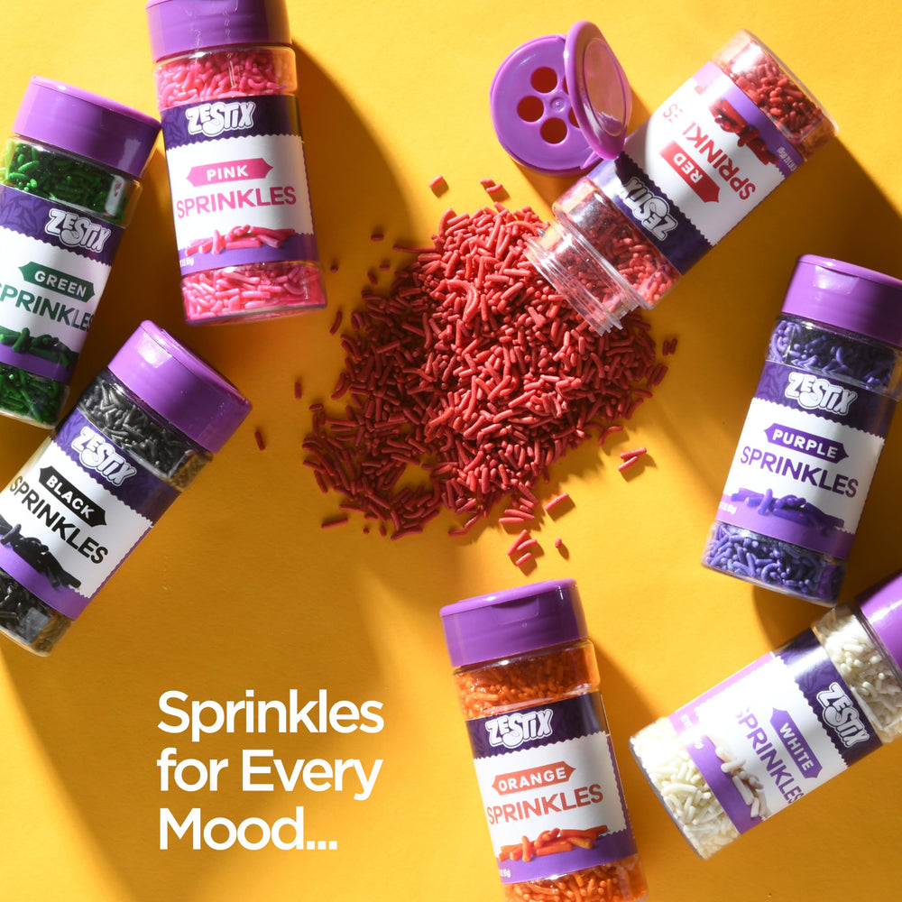 Zestix Red Sprinkles jar label closeup highlighting vibrant color.