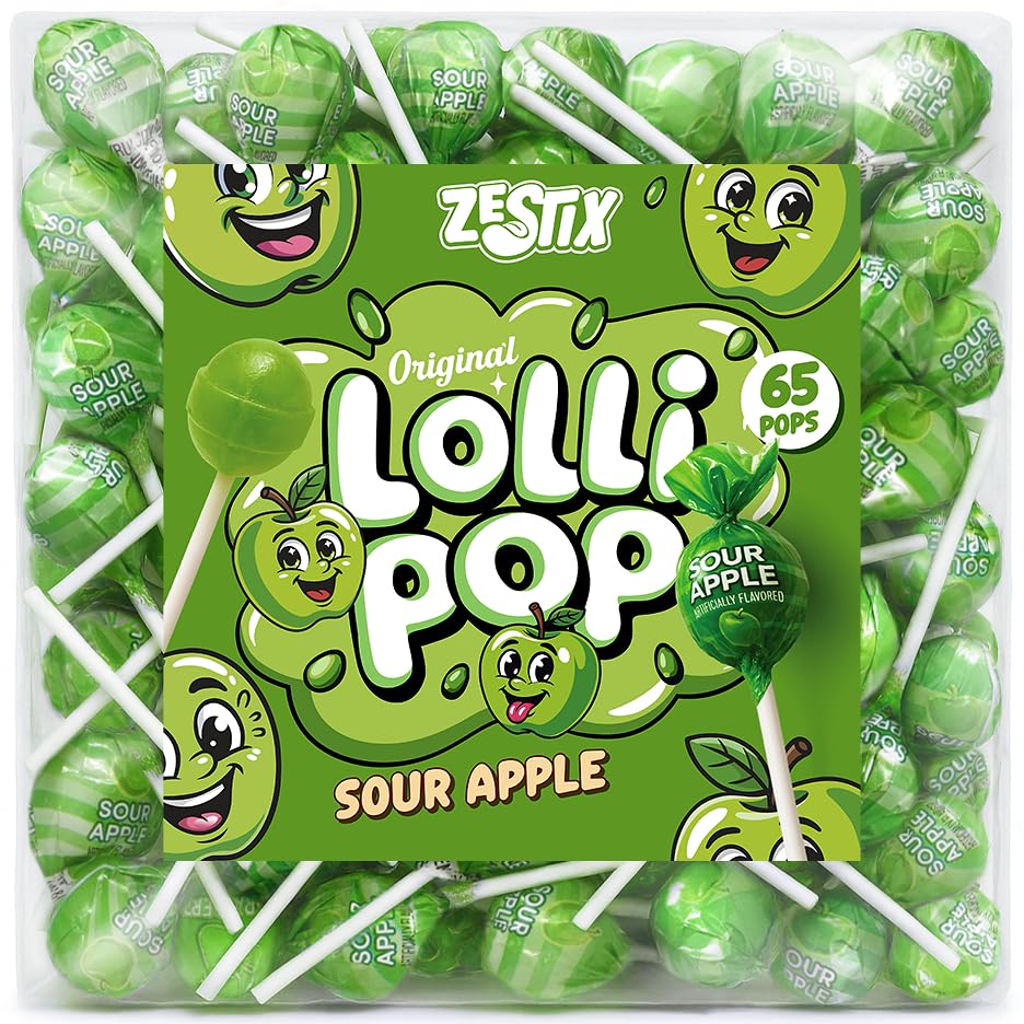 Zestix Sour Apple Mini Lollipops in bulk pack ready for parties