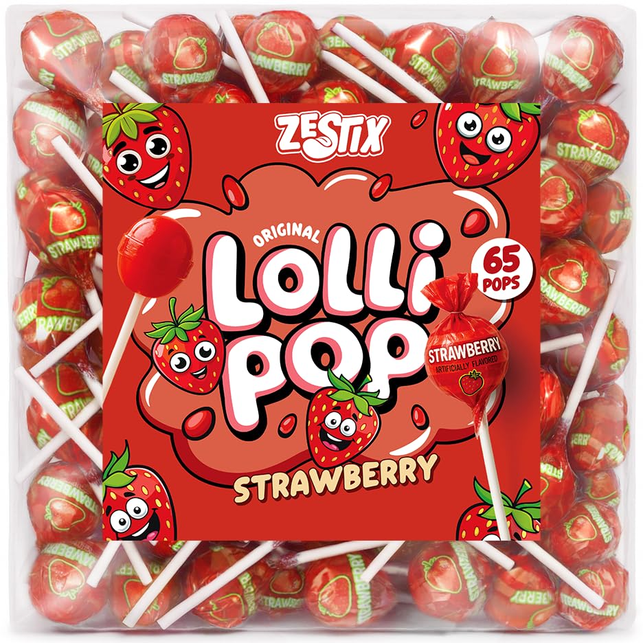 Zestix Strawberry Lollipops 65 count pack, ideal for bulk party favors.
