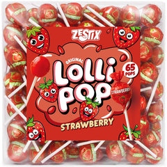 Zestix Strawberry Lollipops 65 count pack, ideal for bulk party favors.