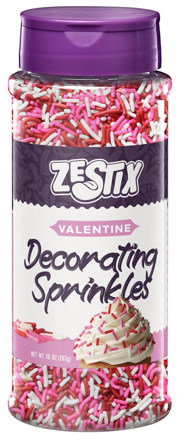 Zestix Valentine Sprinkles bottle with red, white and pink jimmies for festive cupcakes and cookies