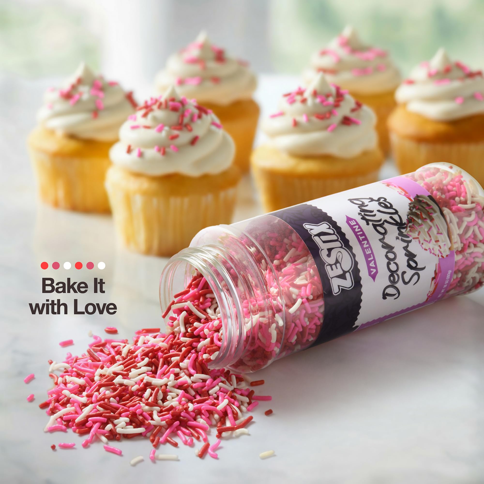 Zestix Valentine Sprinkles on cupcakes delivering bright, celebratory decoration