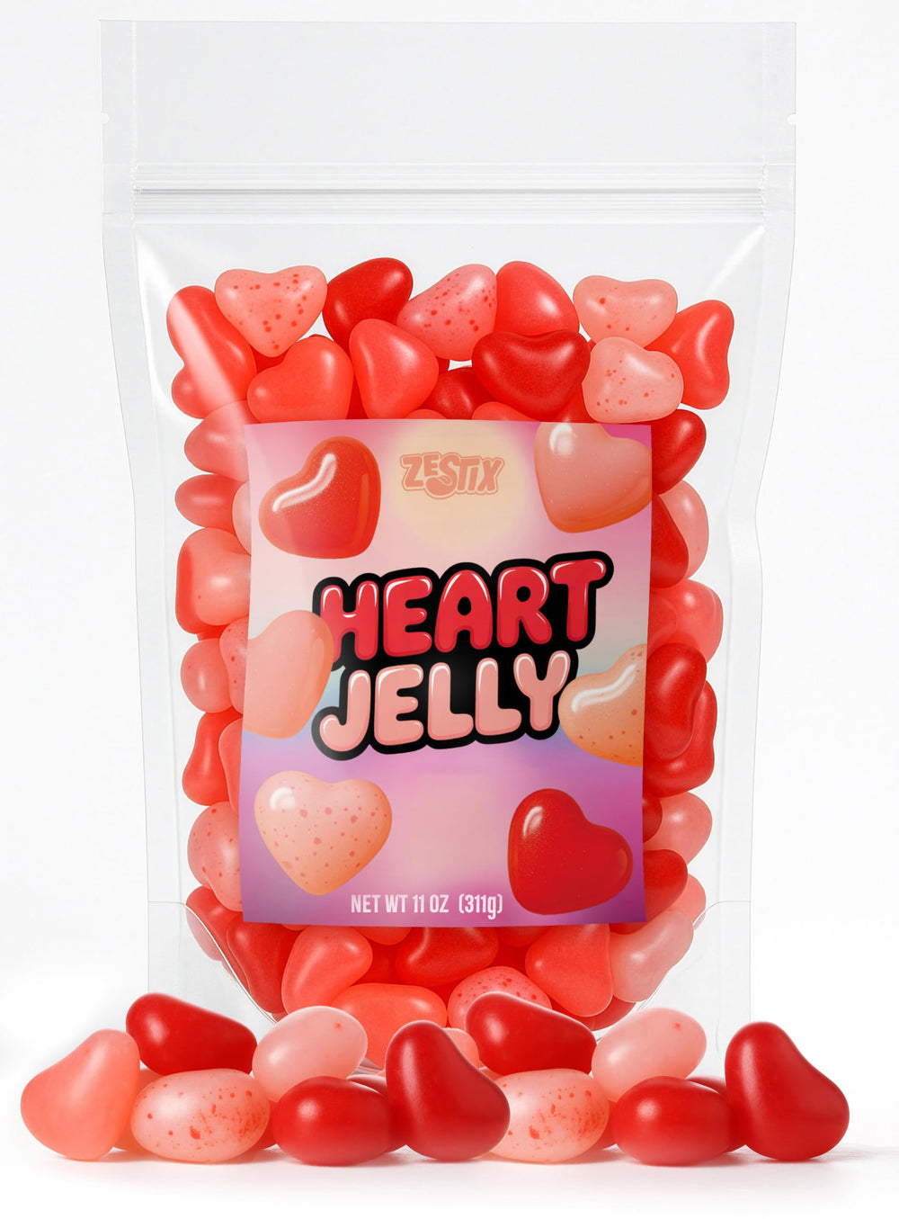 Zestix Valentines Jelly Hearts cherry flavor in a resealable bag, ideal for gifting.