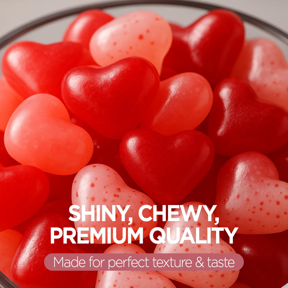 Zestix Valentines Jelly Hearts strawberry flavor in close-up, perfect for candy bowls.