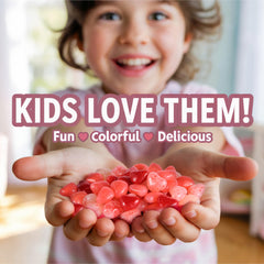 Zestix Valentines Jelly Hearts watermelon flavor bright color on dessert tables.