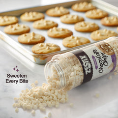 Zestix white chocolate chips used as a dessert topping on cakes and pastries.
