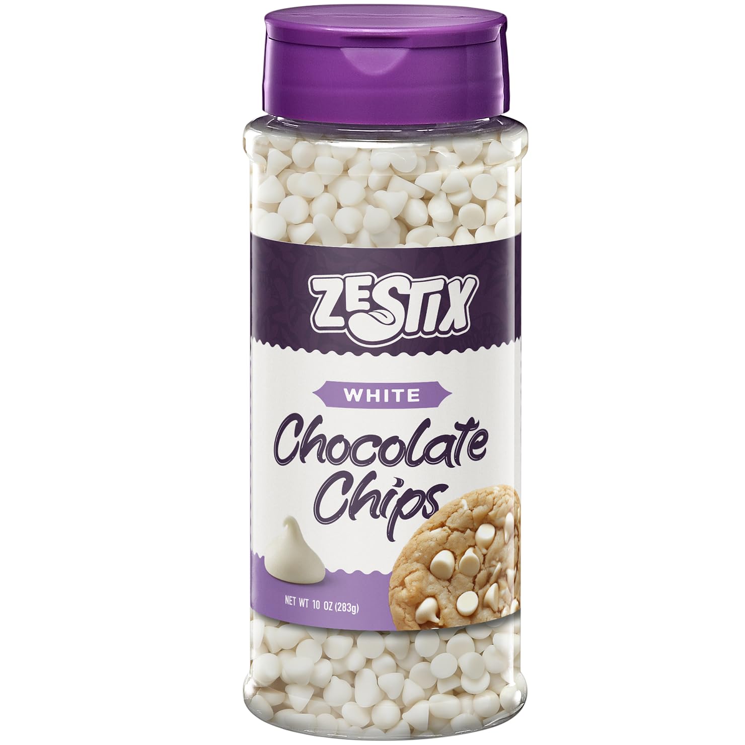 Zestix white chocolate chips poured from a flip-top bottle for mess-free dispensing.