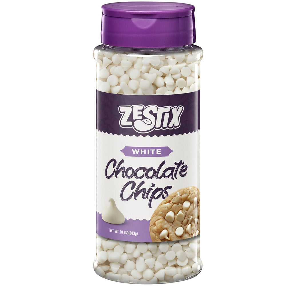 Zestix white chocolate chips poured from a flip-top bottle for mess-free dispensing.