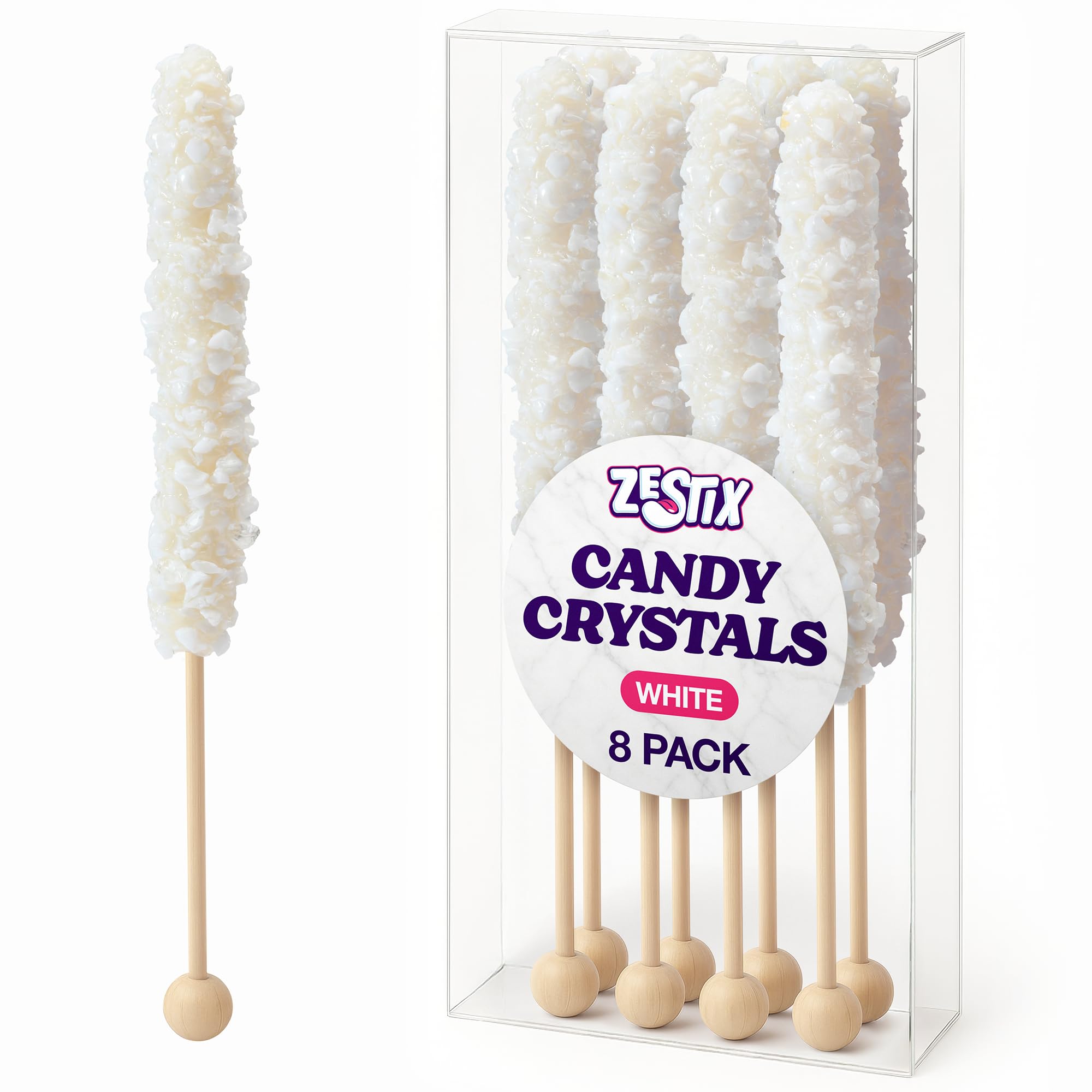 Zestix White Rock Candy Crystals tropical sticks ideal for elegant cocktail garnishes.