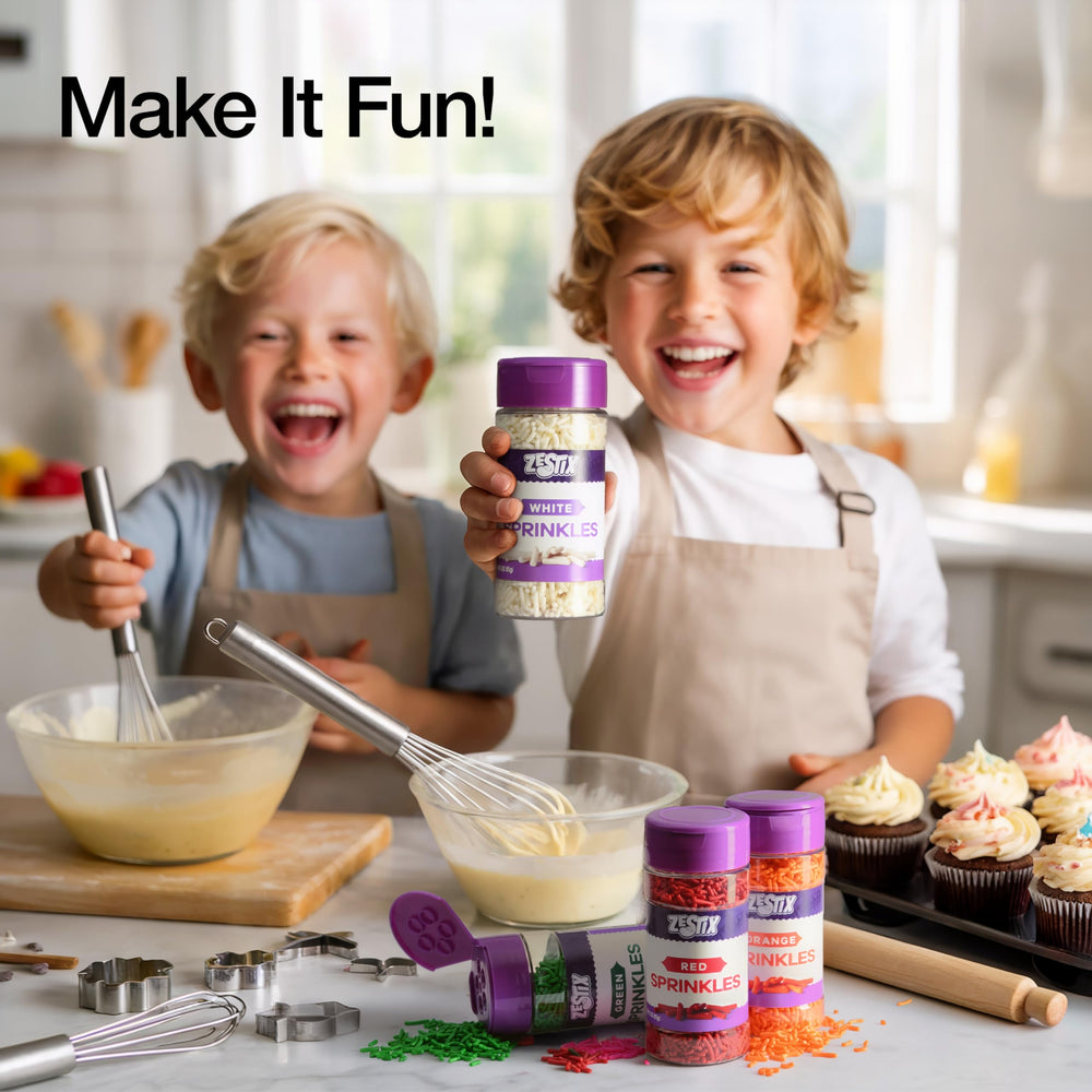 Zestix White Sprinkles ice cream tops with bright contrast and festive flair.