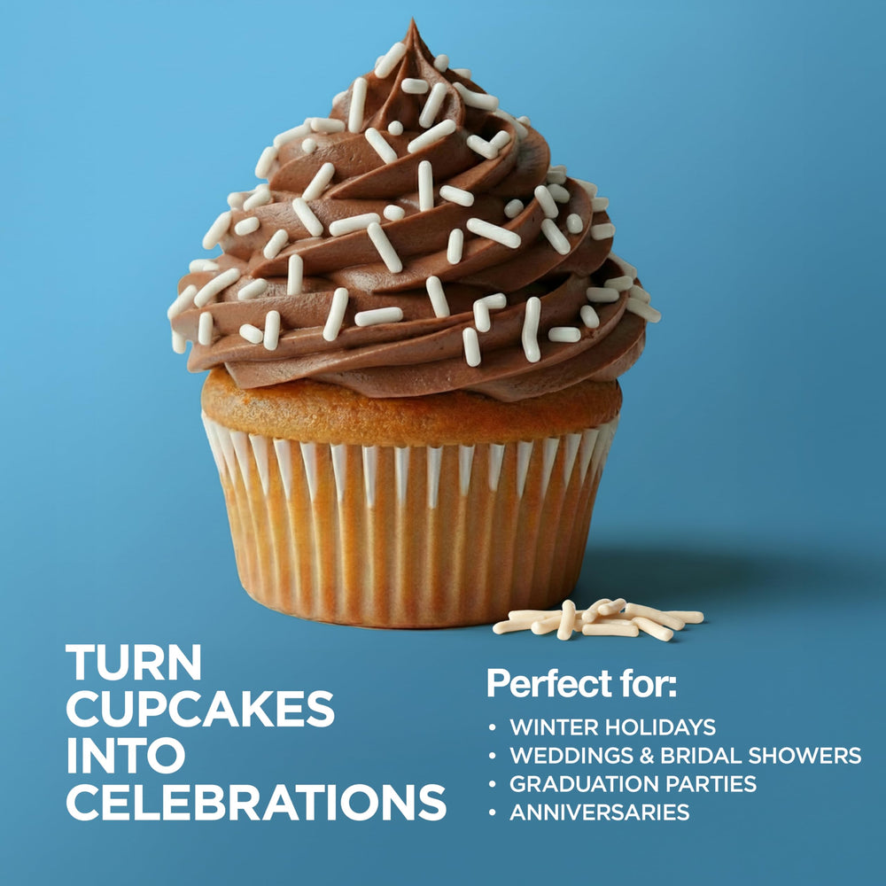 Zestix White Sprinkles on cake demonstrates crisp jimmies for elegant cupcake toppers.
