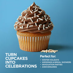 Zestix White Sprinkles on cake demonstrates crisp jimmies for elegant cupcake toppers.