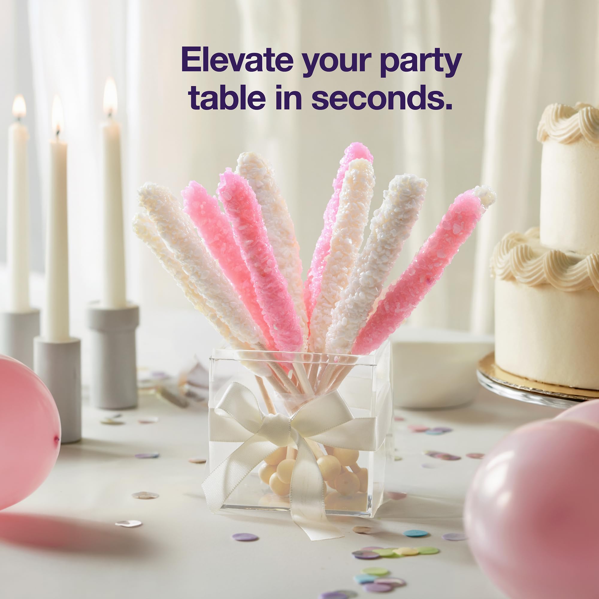 Zestix wrapped rock candy sticks ensure mess-free display and sharing.