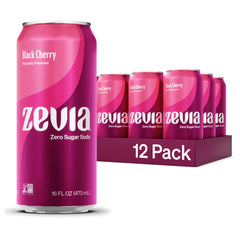 Zevia Black Cherry can front view, highlighting zero sugar refreshment.