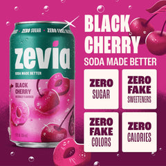 Zevia Black Cherry glass being poured, caffeine-free refreshment ready.