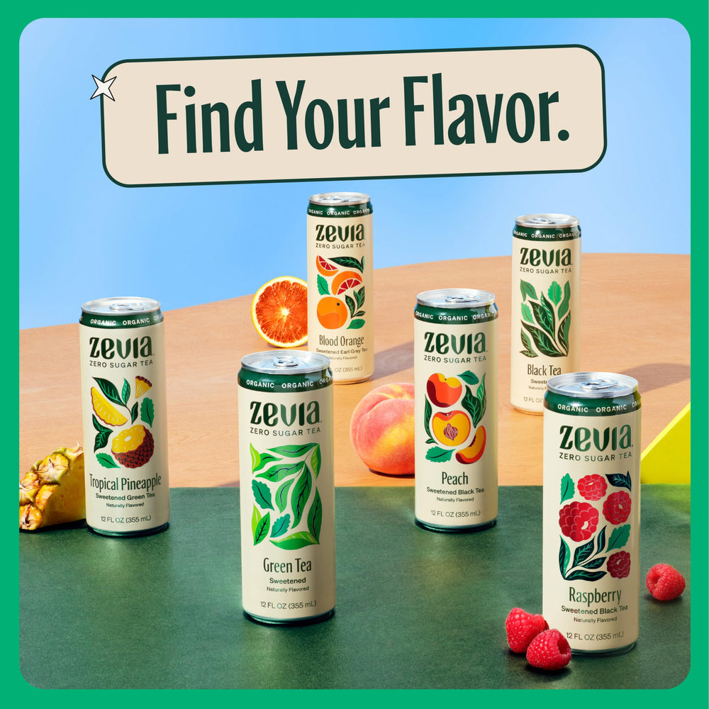 Zevia Raspberry tea bottle with fresh raspberries suggests natural flavor.