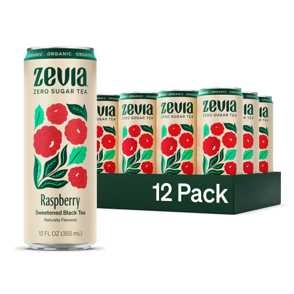 Zevia Black Tea Raspberry can, a refreshing zero-calorie cold drink option.