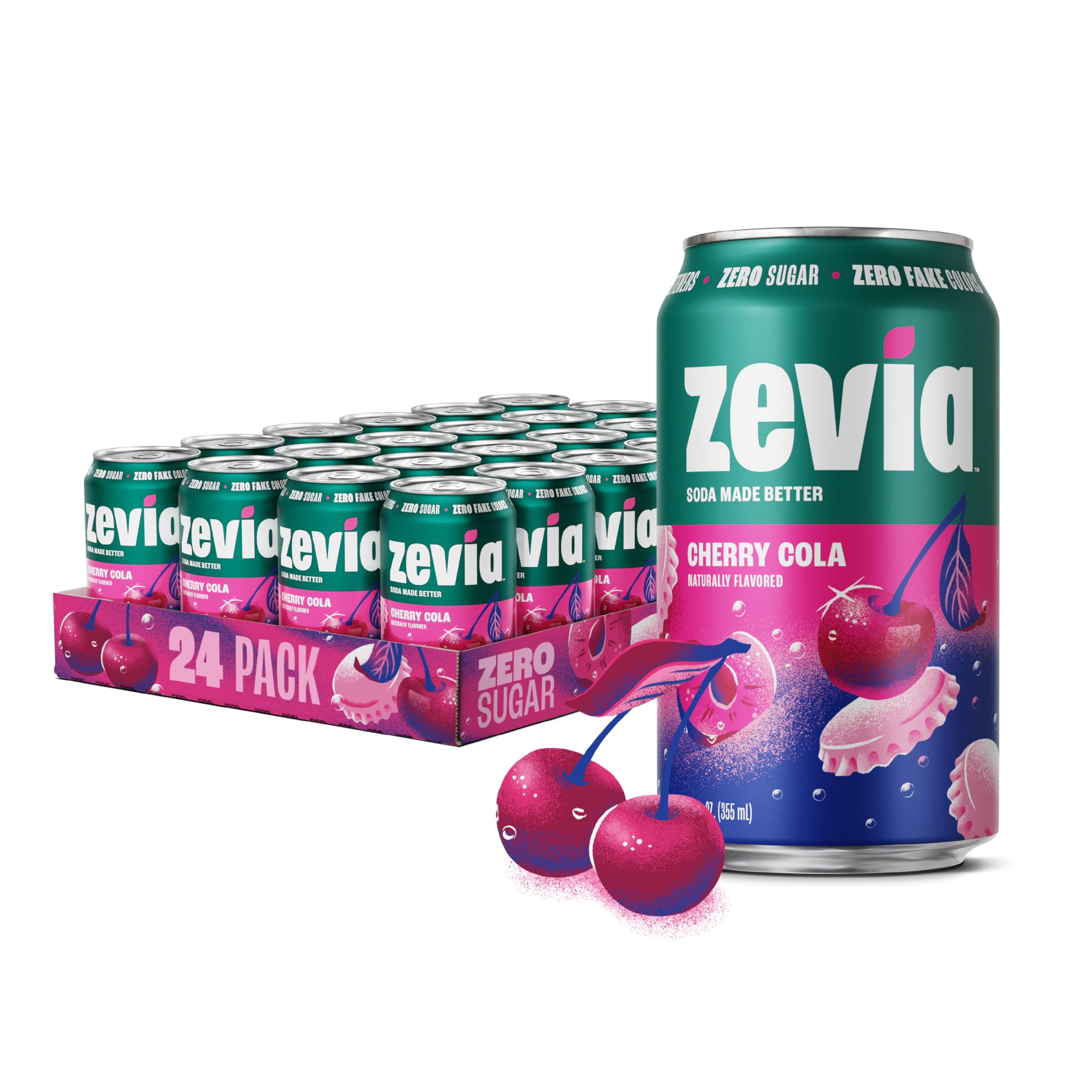 Zevia Cherry Cola 12oz can front view highlighting zero sugar and natural sweetness.