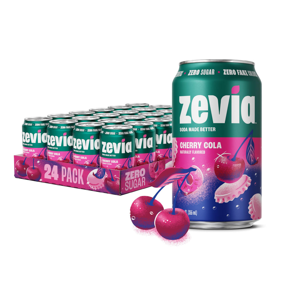 Zevia Cherry Cola 12oz can front view highlighting zero sugar and natural sweetness.