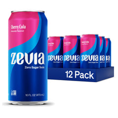 Zevia Cherry Cola can front with bold branding and zero sugar appeal for guilt-free refreshment.