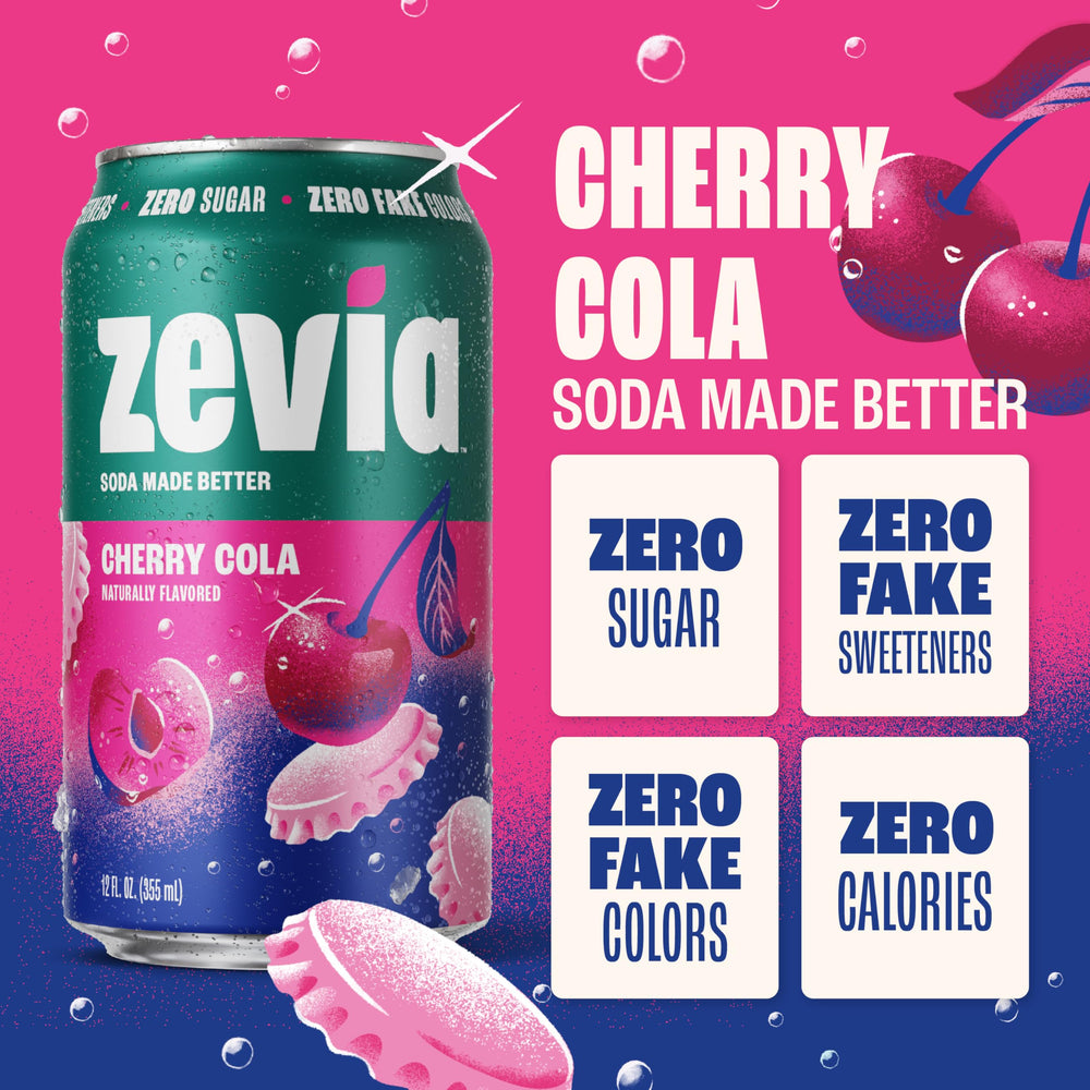 Zevia Cherry Cola glass serve highlights refreshing bubbles and flavor.