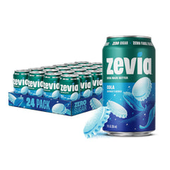Zevia Cola bottle front view shows zero sugar and refreshing taste.