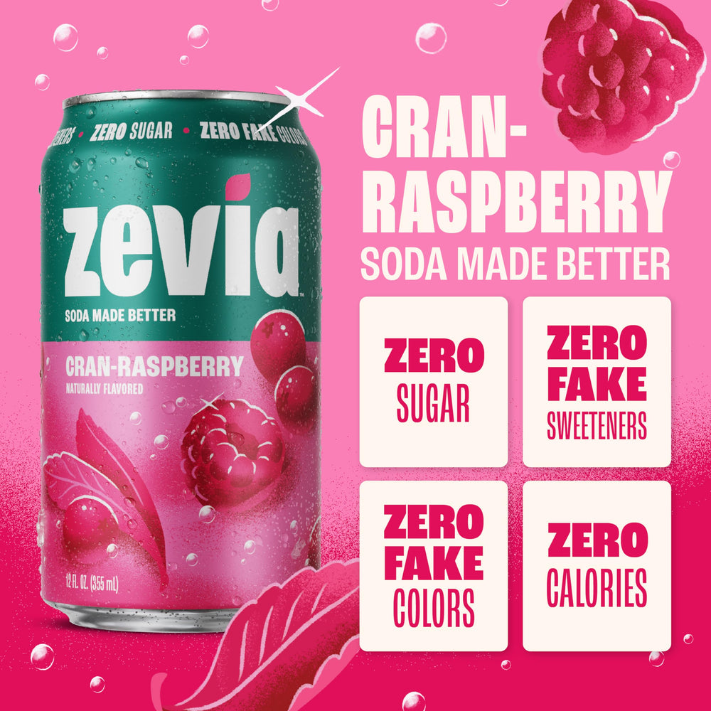 Zevia Cran-Raspberry pour into glass with fizz and bubbles.
