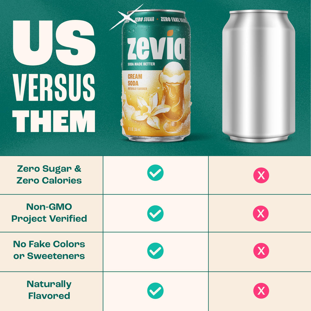Zevia Cream Soda bottle close-up showing label and vegan, gluten-free attributes.