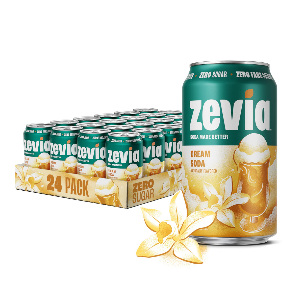 Zevia Cream Soda 24-pack can, showing zero sugar and natural sweetness.