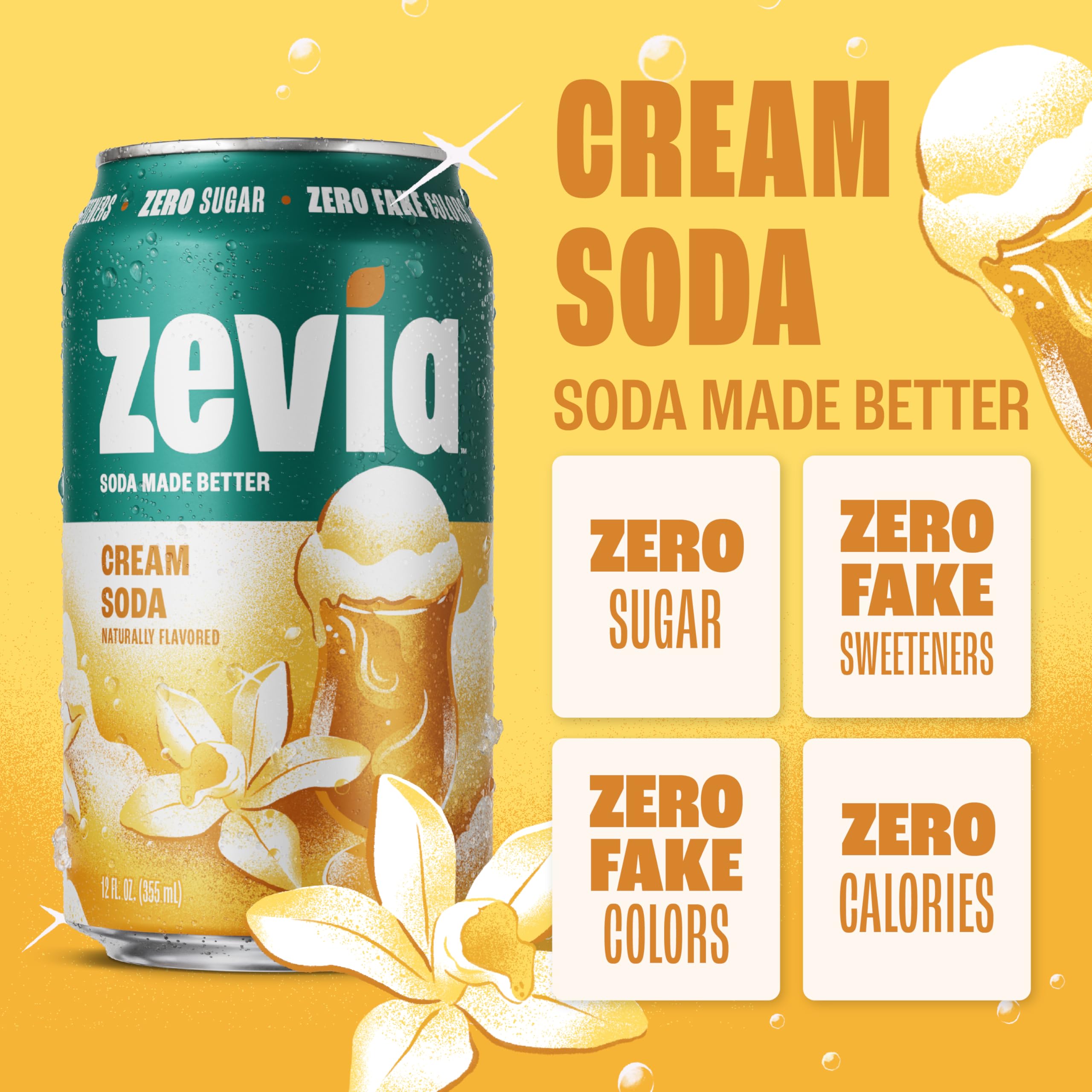 Zevia Cream Soda glass being poured with ice, emphasizing naturally sweetened flavor.