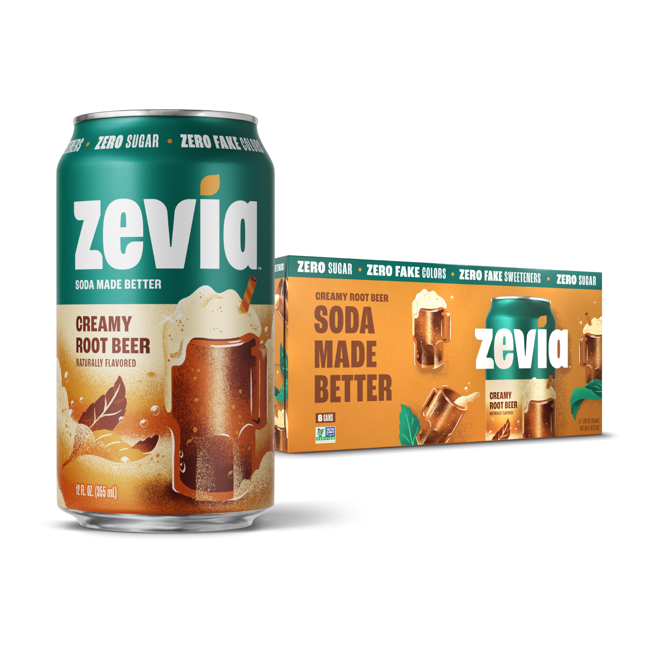 Zevia Creamy Root Beer can front showing zero sugar and zero calories