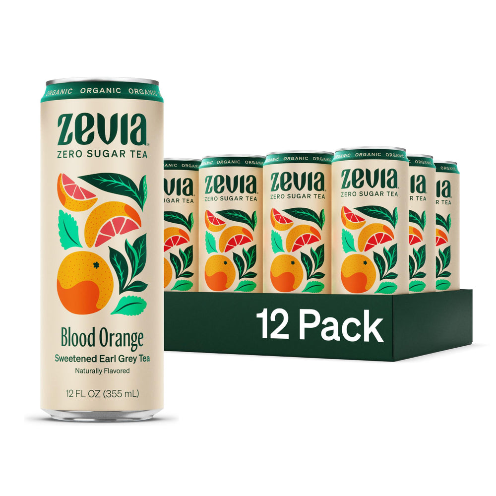 Zevia Earl Grey Blood Orange can on display, naturally sweetened and zero calories.