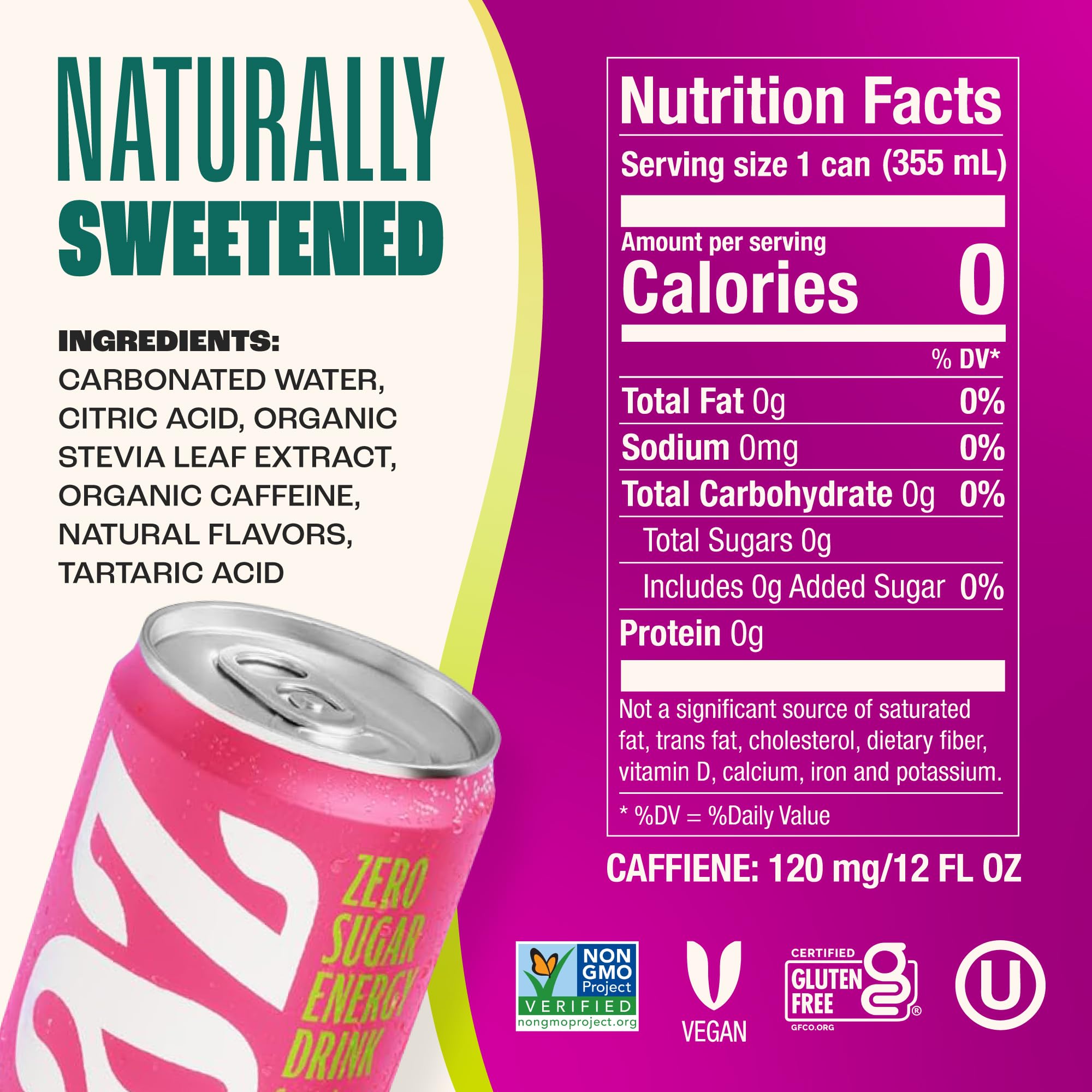 Zevia Fruity Fuel Watermelon can close-up, refreshing caffeine boost without sugar