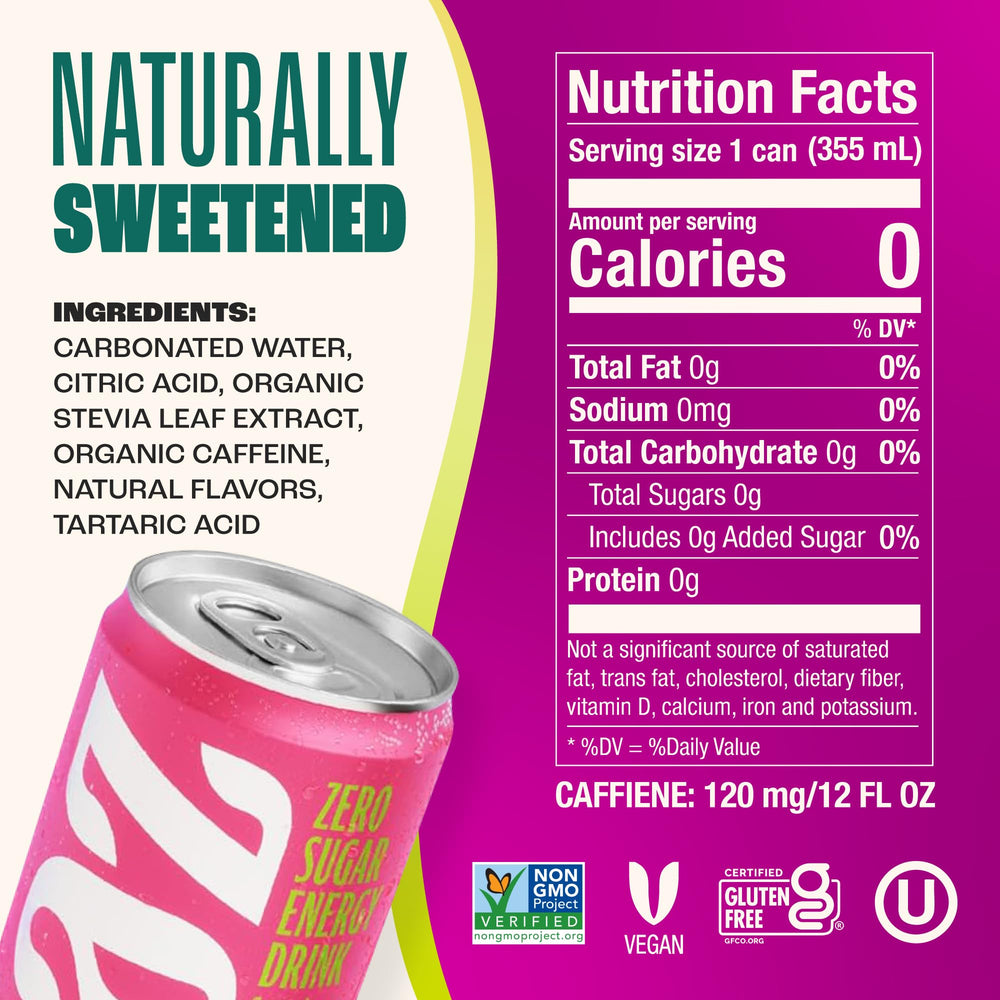 Zevia Fruity Fuel Watermelon can close-up, refreshing caffeine boost without sugar