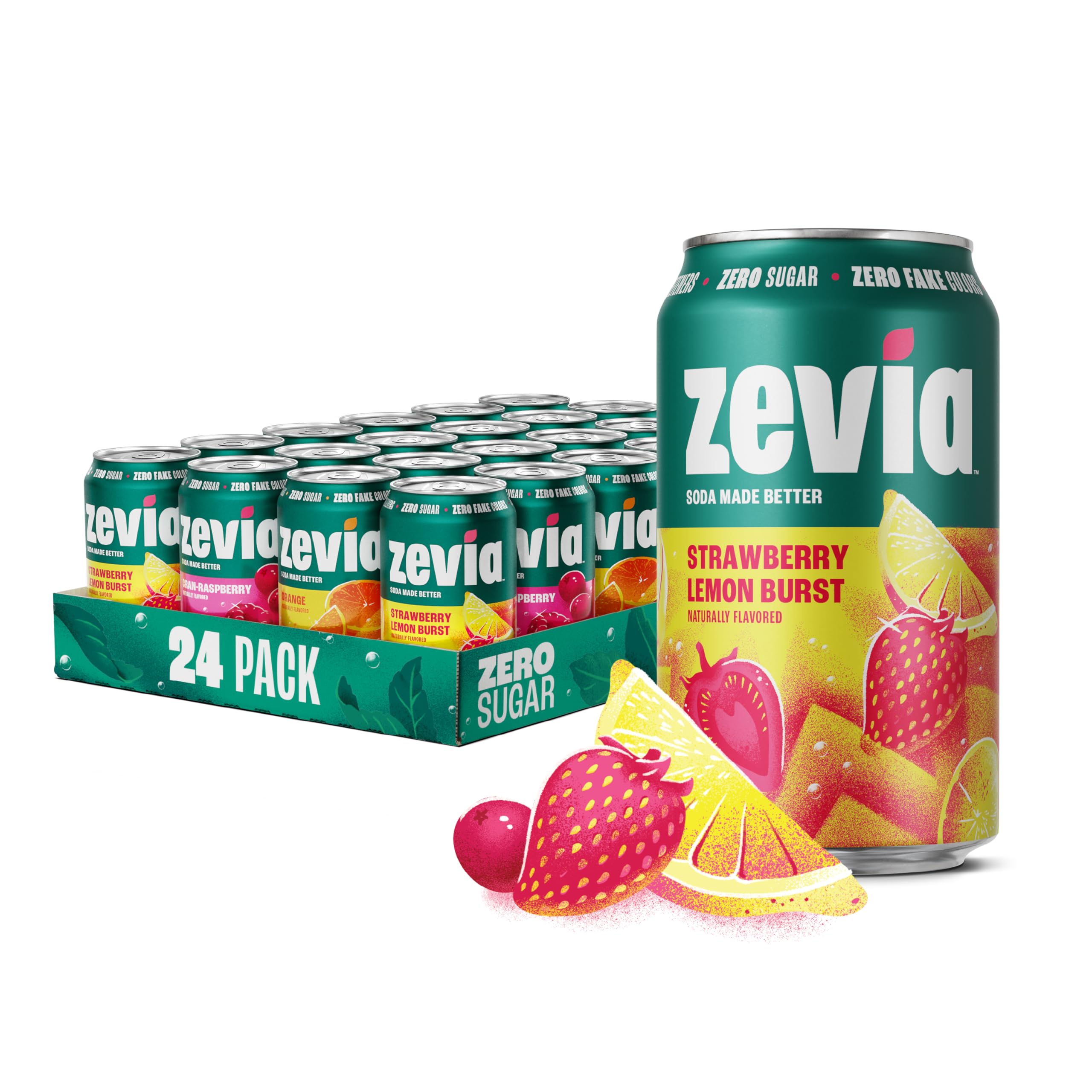 Zevia Strawberry Lemon Burst can showing zero sugar and fruity flavor