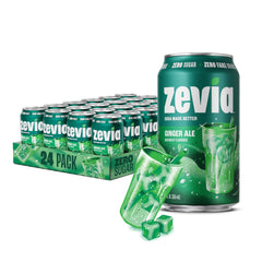 Zevia Ginger Ale can on ice highlights zero sugar and crisp flavor.