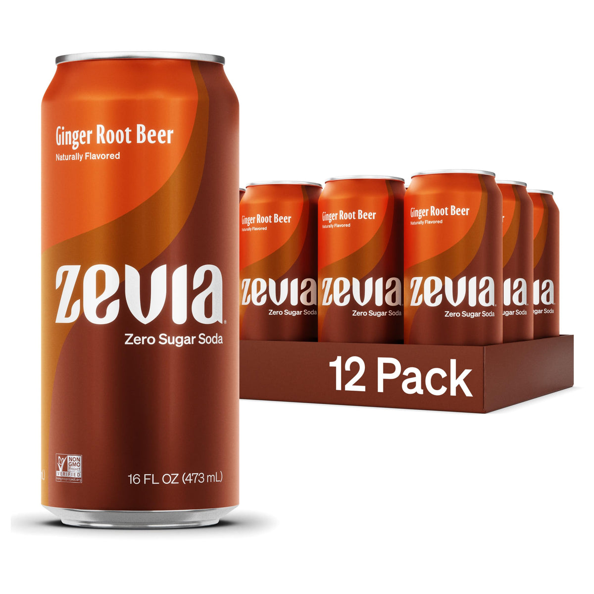 Zevia Ginger Root Beer can on ice highlighting zero sugar for a refreshing sip.