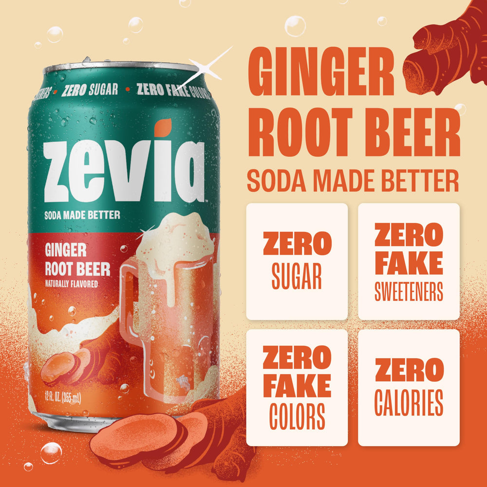 Pouring Zevia Ginger Root Beer into a glass reveals bold ginger notes with zero calories.
