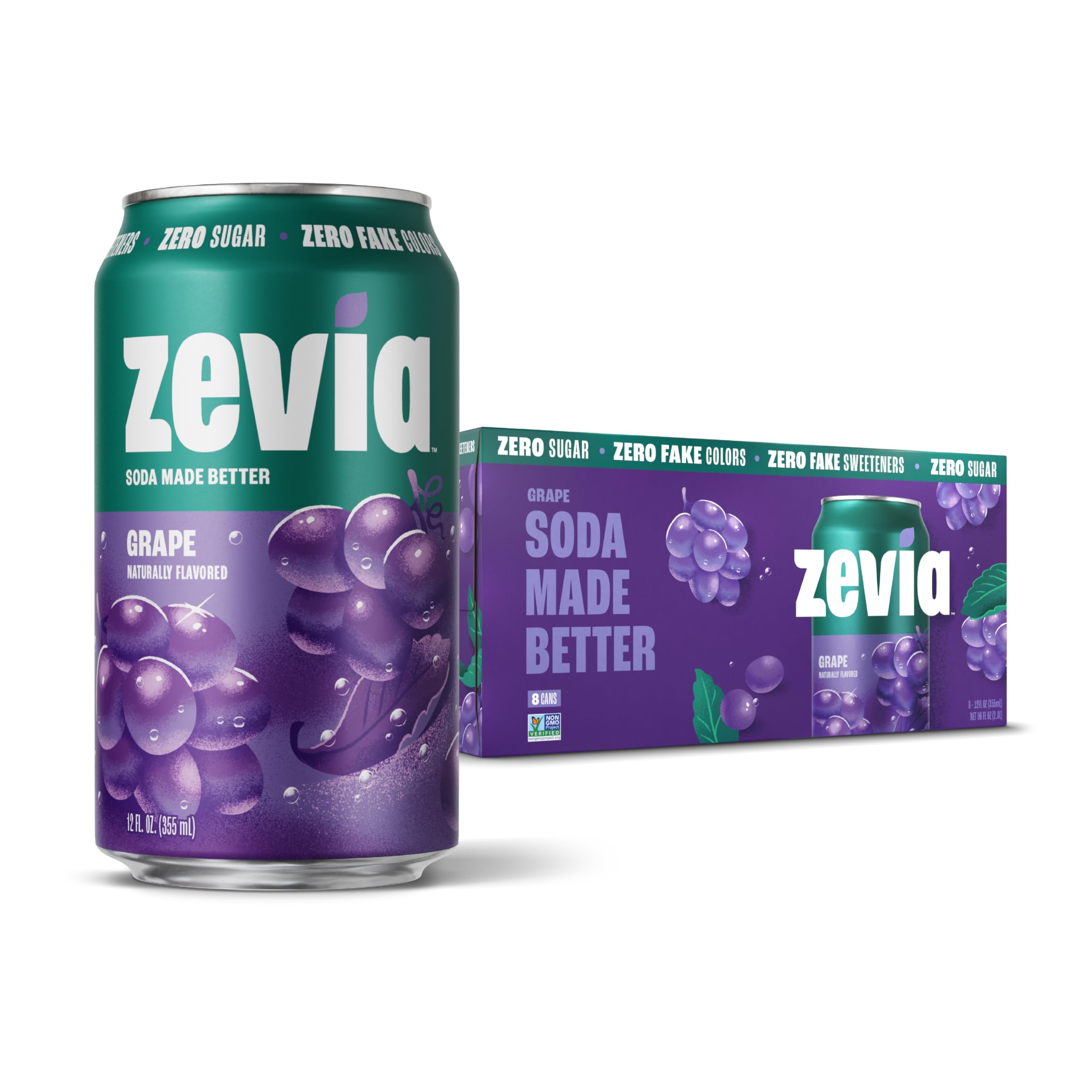Zevia grape soda can front showing zero sugar and zero calories