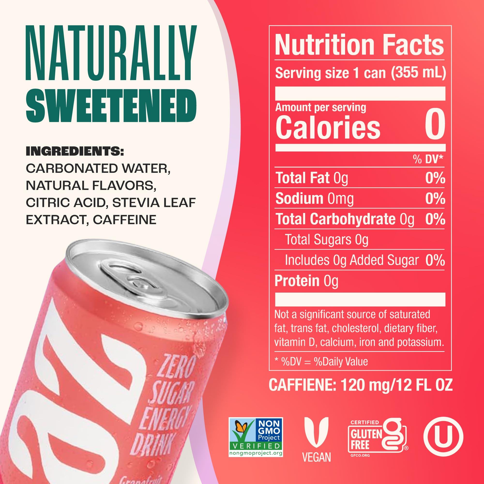 Zevia Grapefruit Energy 12-pack carton emphasizes convenient zero-calorie option.