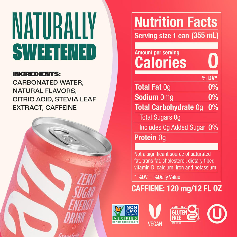 Zevia Grapefruit Energy 12-pack carton emphasizes convenient zero-calorie option.
