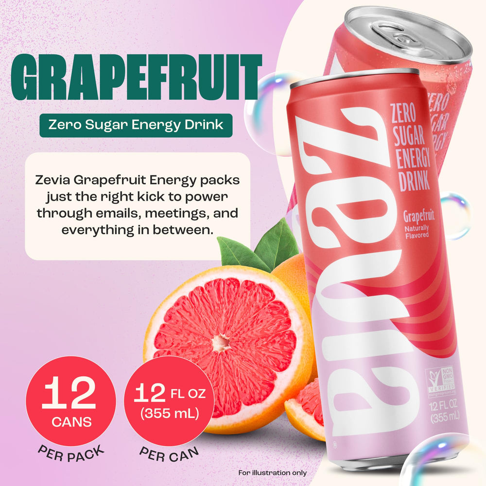 Zevia Grapefruit Energy label close-up highlights no added colors.