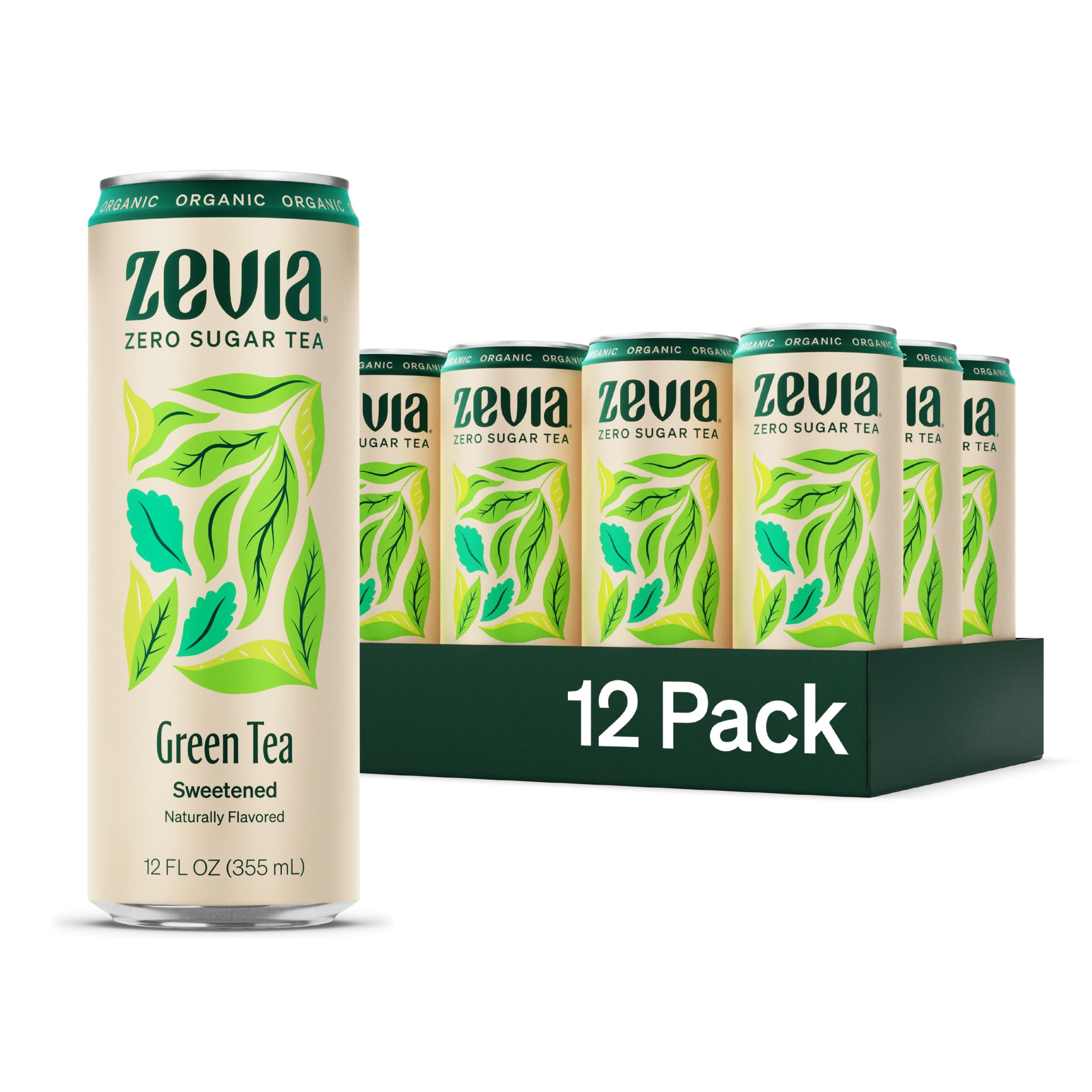 Zevia Green Tea bottle shows zero sugar and zero calories.